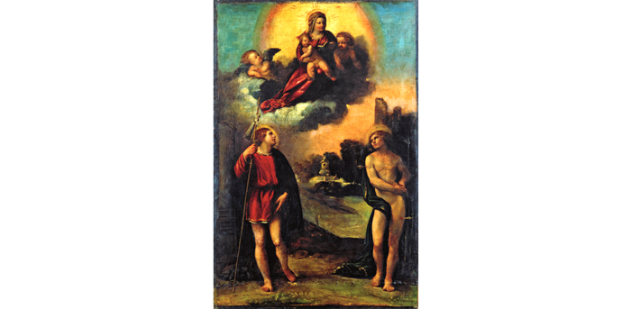G. Luteri, detto il Dosso, La Madonna col Bambino adorata dai SS. Sebastiano e Rocco, secondo decennio del XVI sec, cm 113x75,7